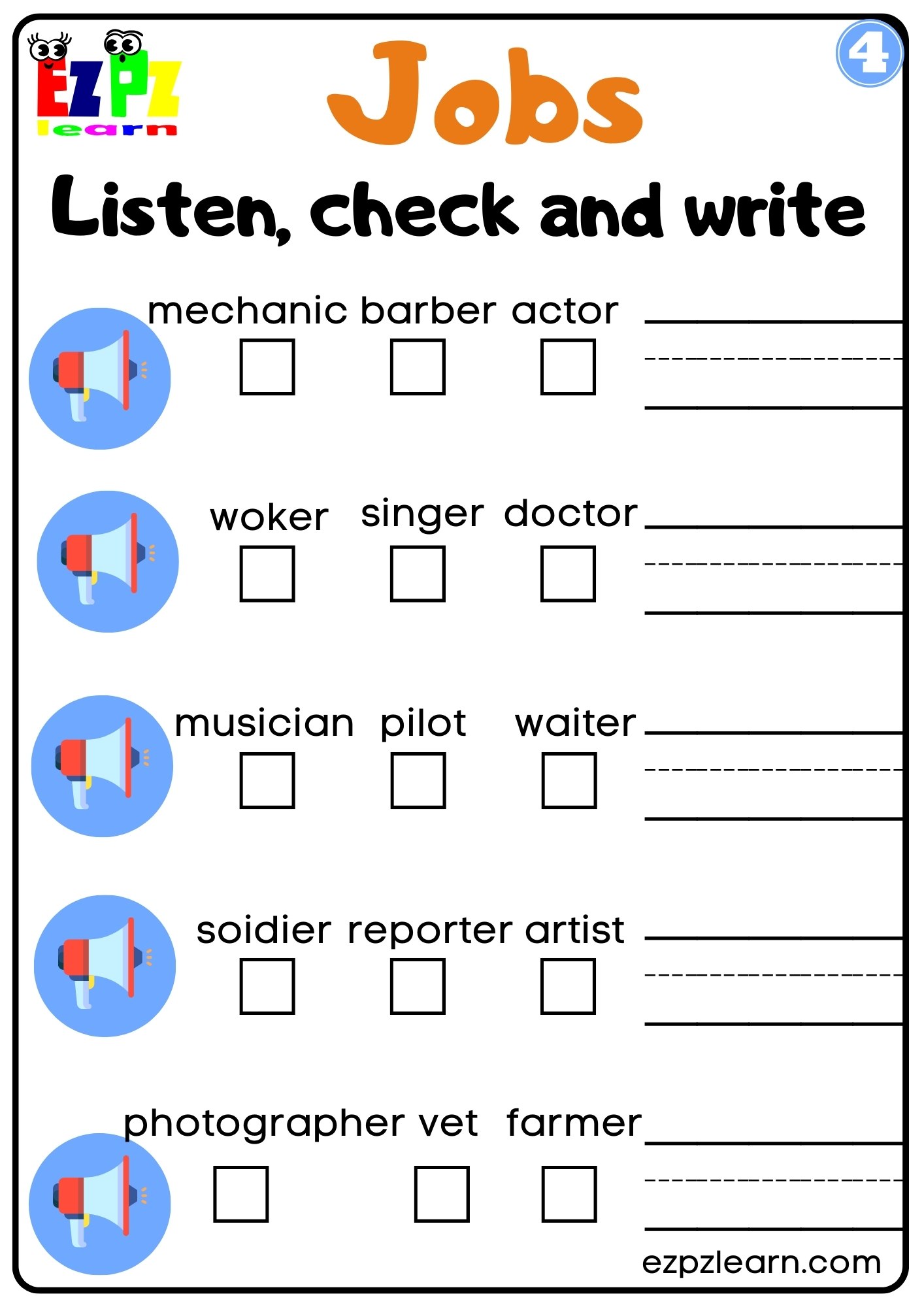 Jobs Vocabulary Interactive Worksheet Listen, Check and Write the Words Activity for Kids, K5 and ESL Students G4